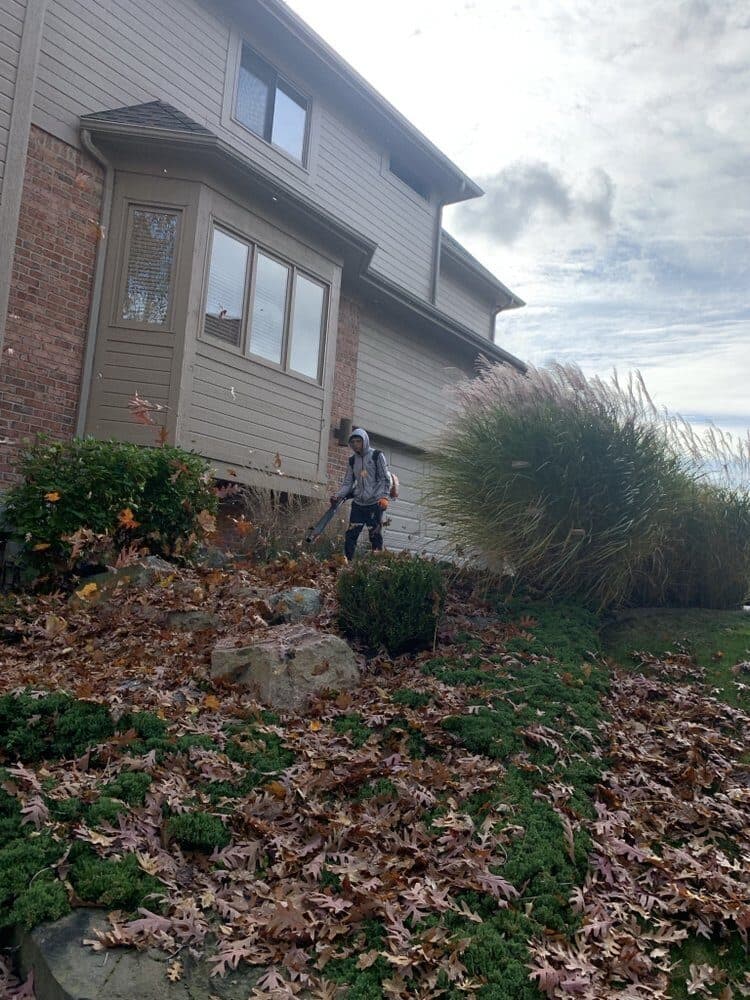 Crew clearing leaves and debris from a front bed