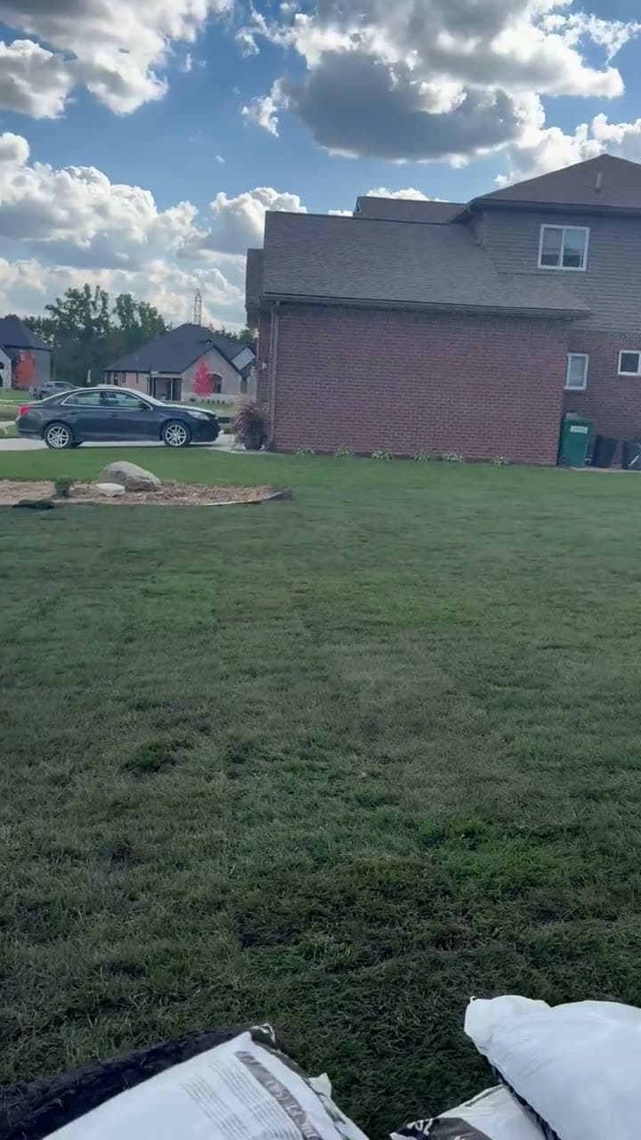 Stamped concrete walk beside a newly laid lawn